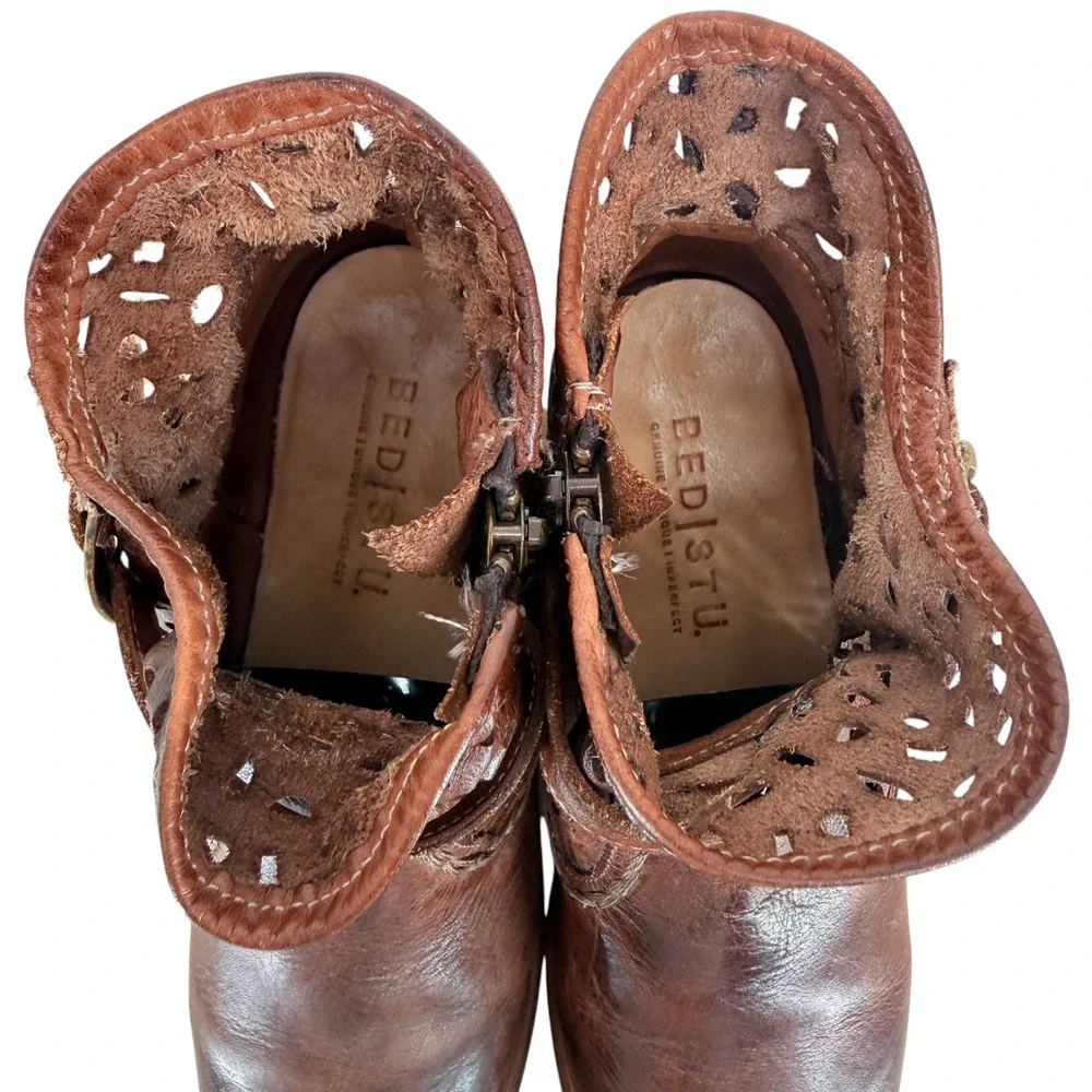 Bed Stu Heather Women 7.5 Brown Leather Perforated Ankle Boots Buckle Bootie